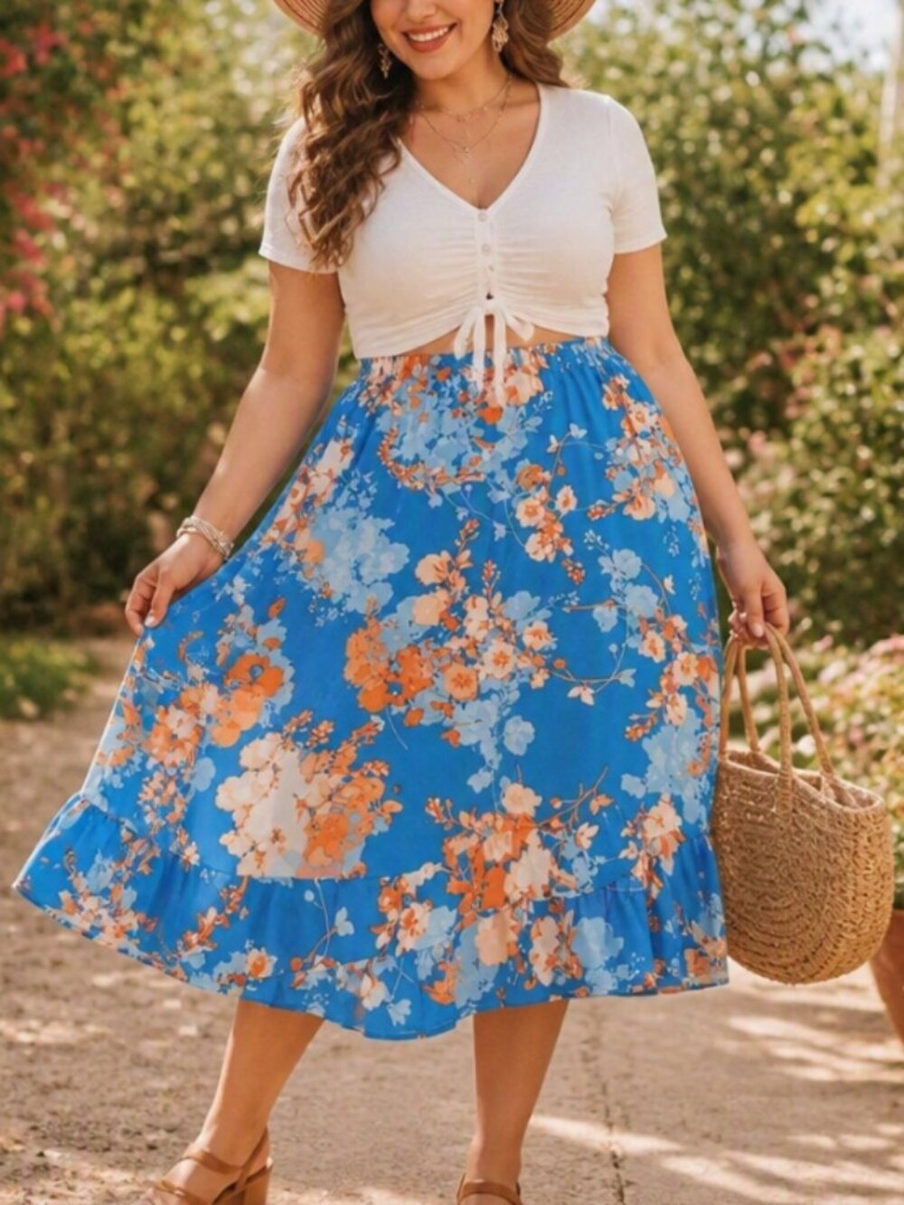East 5th Pastel Floral Ruffle Midi Skirt L Cottagecore Romantic Fall Florals